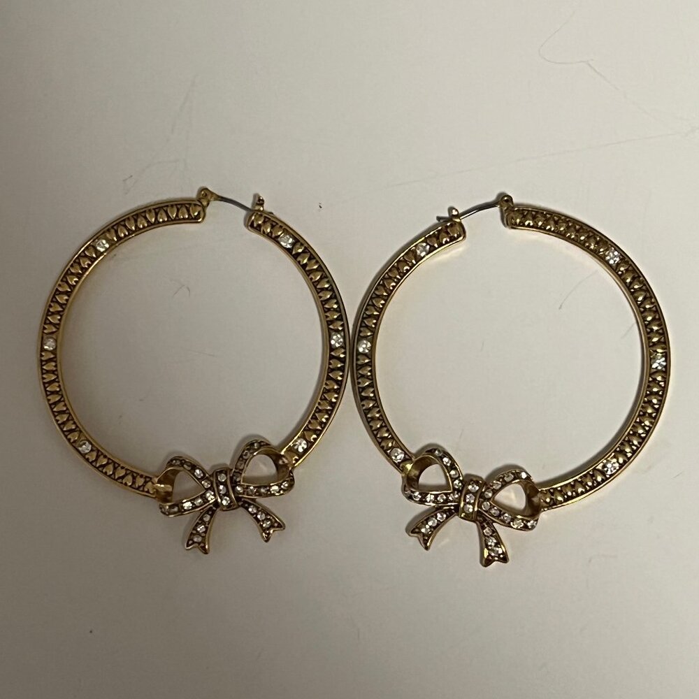 Large hoop earrings with bows, hearts & rhinestones